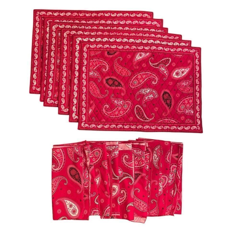 Vera Bradley Mesa Red Set 6 Quilted Placemats and 9 Napkins Paisley Print